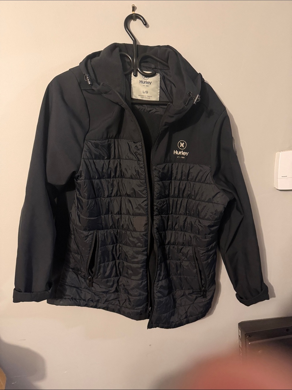 Hurley Black Quilted & Softshell Hooded Puffer Jacket